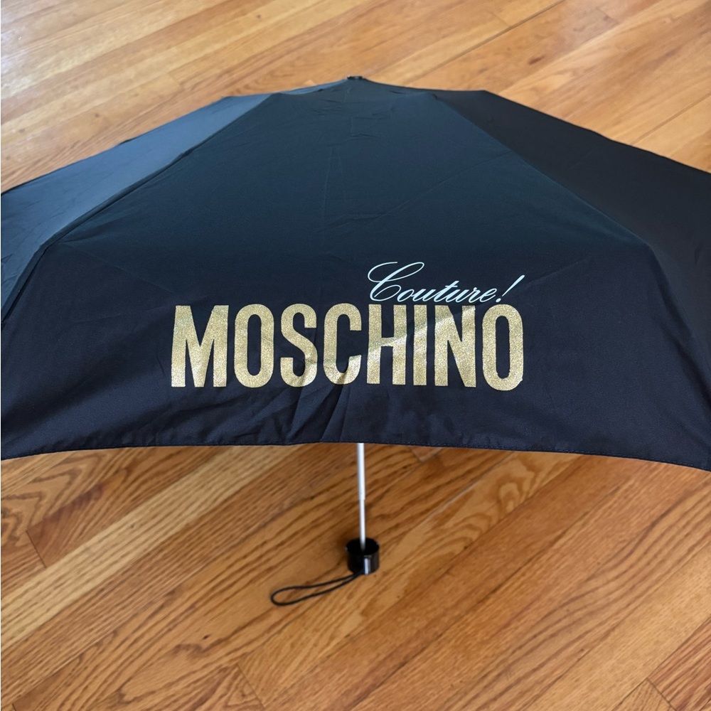 Moschino Couture Black and Gold Travel Umbrella with Case